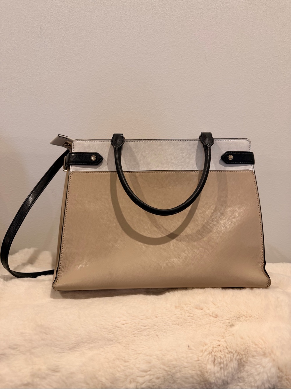 kate spade Beige, White & Black Leather Satchel with Top Handle - Picture 3 of 5